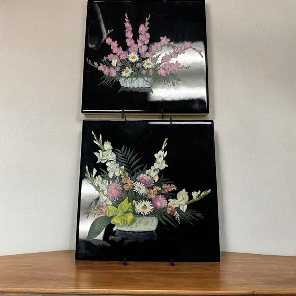 Vintage Pair Of 2 USOTCO Romany Hand Painted Black 6” Tile Floral Flowers MCM - Picture 1 of 7